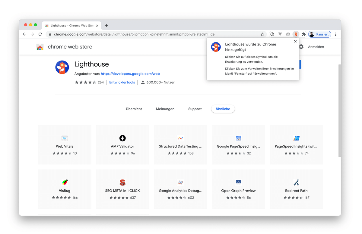 Screenshot after adding Lighthouse in Chrome