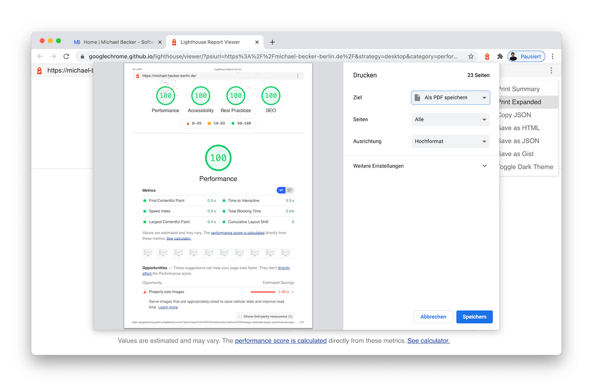 Screenshot of the print preview of the Lighthouse Report