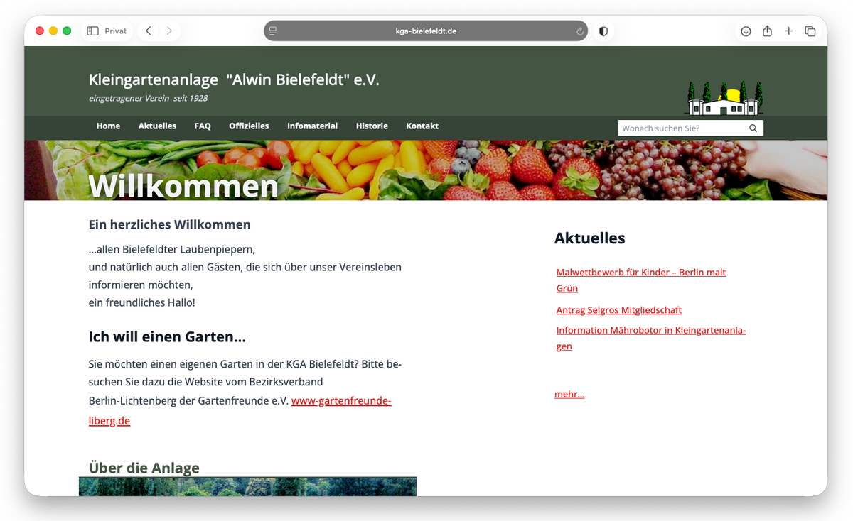Screenshot der Webseite der Kleingartenanlage Alwin Bielefeldt