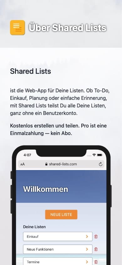 The Shared Lists info page on a smartphone: a short description, below it the app's start view with the "New list" button and several lists