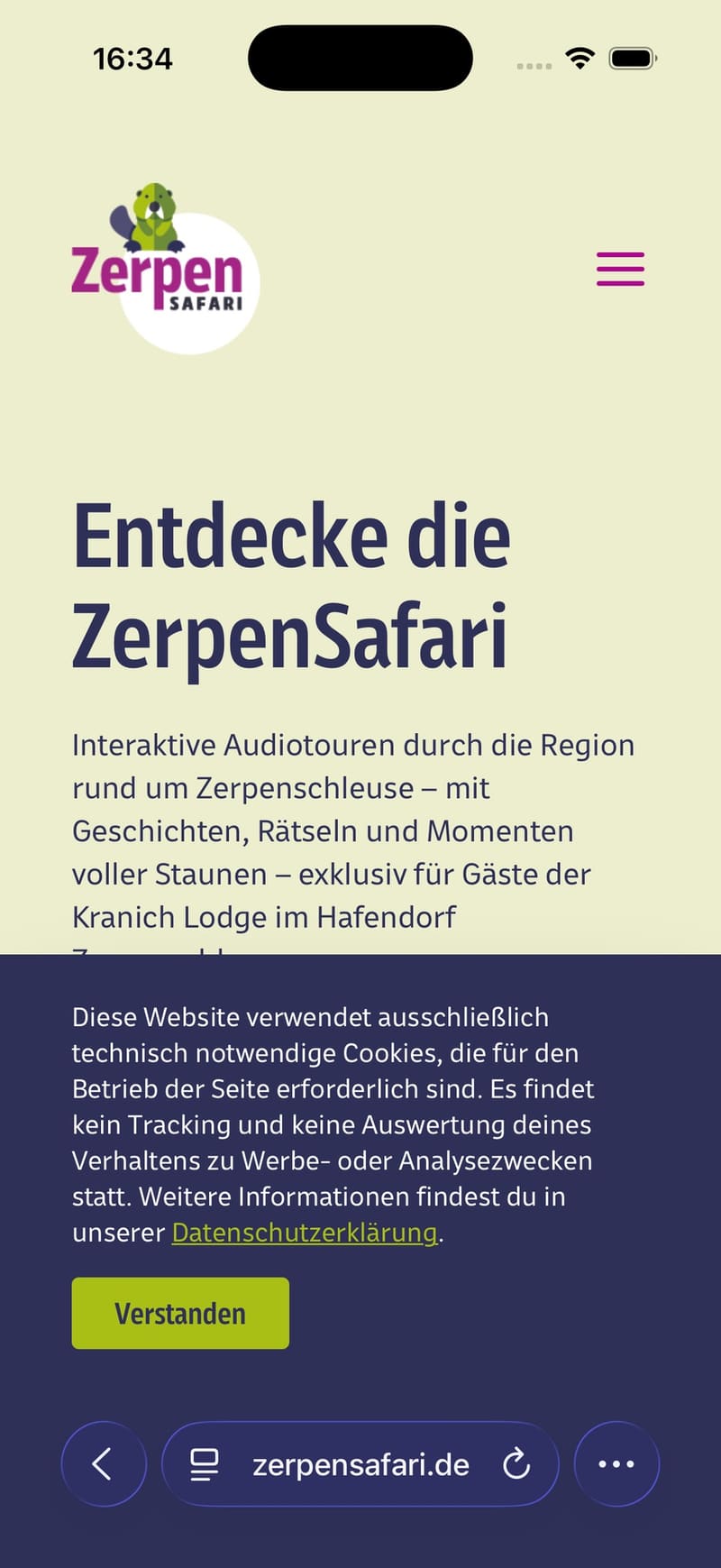 Startseite der ZerpenSafari auf dem iPhone mit dem Hinweis, dass nur technisch notwendige Cookies verwendet werden und kein Tracking stattfindet, einem Link zur Datenschutzerklärung und dem Button „Verstanden“