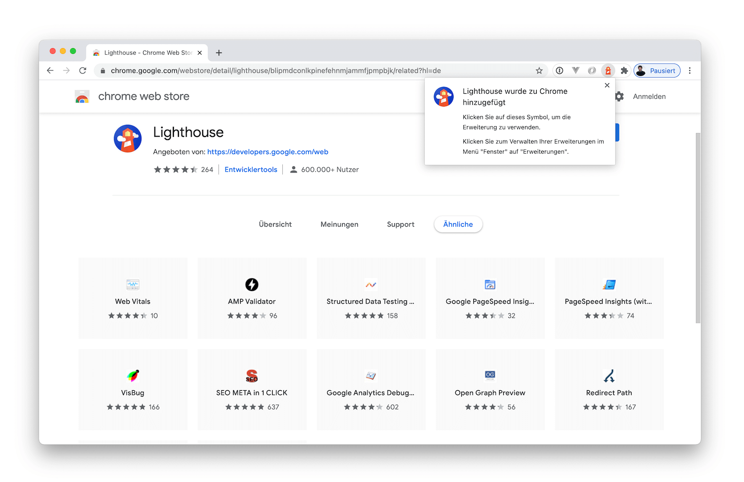 Screenshot after adding Lighthouse in Chrome