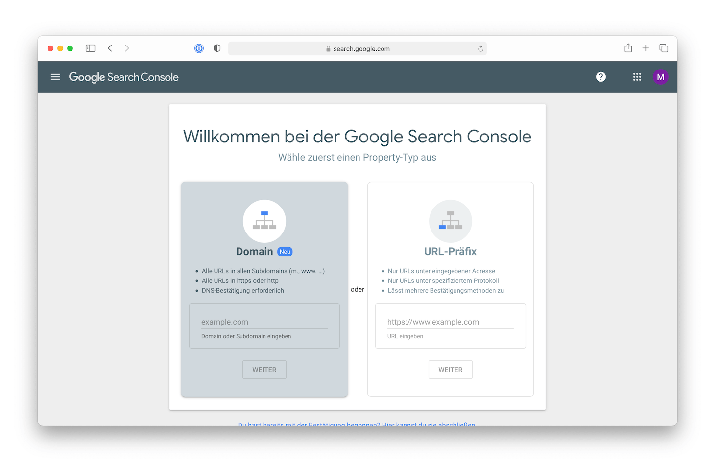 Screenshot Google Search Console Wahl des Property Typs
