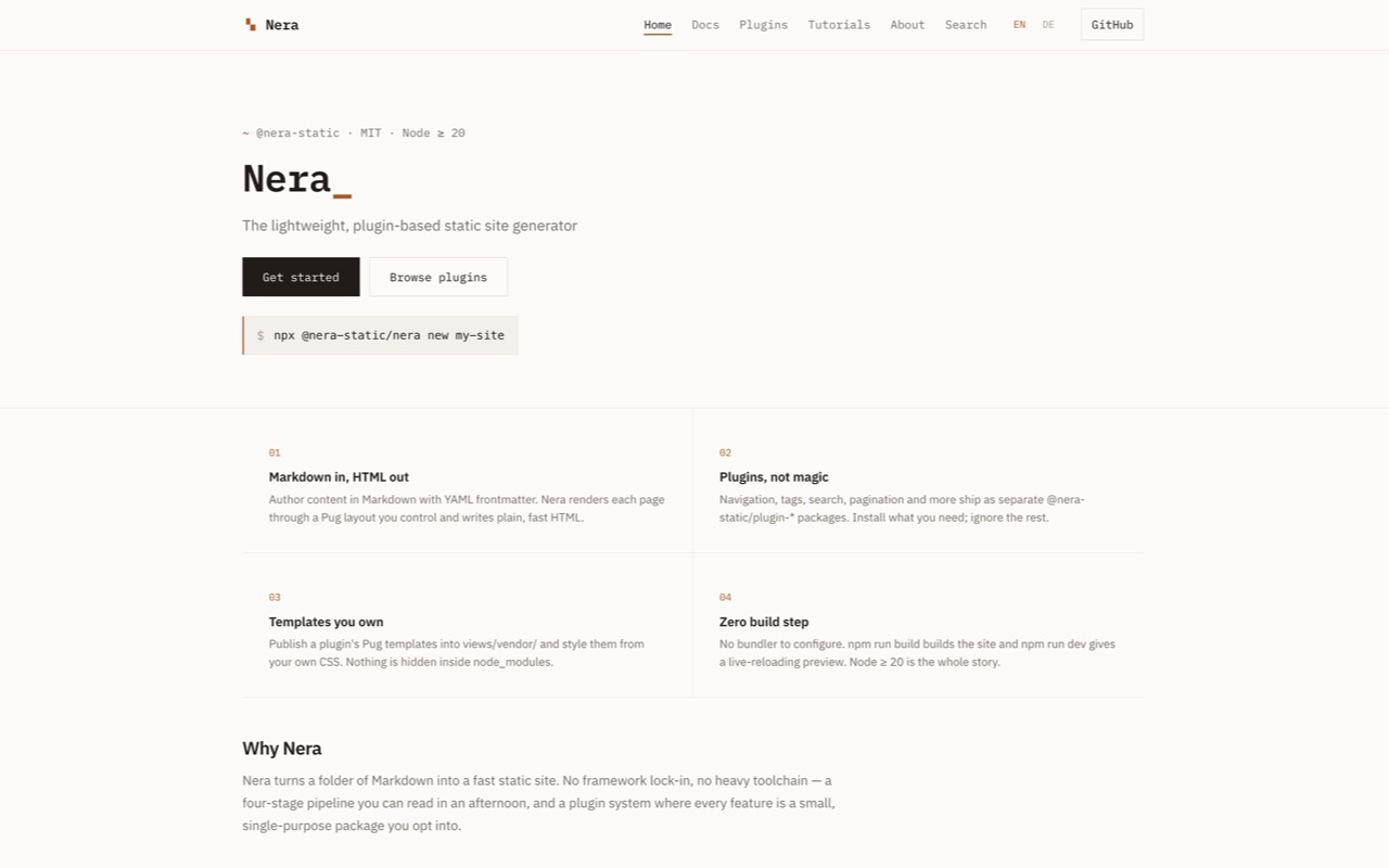 Screenshot of the project website nera.js.org