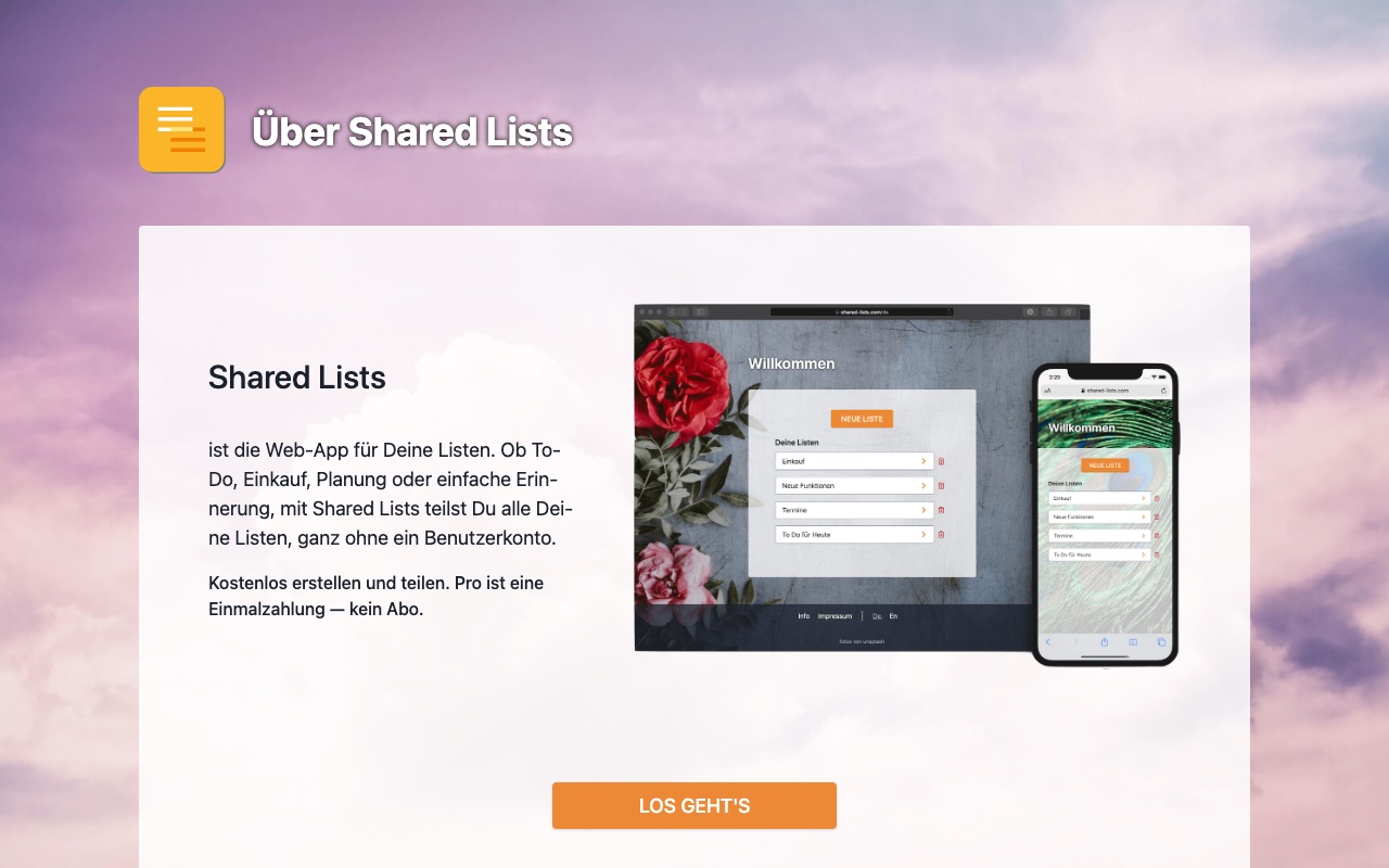 Infoseite von Shared Lists im Desktop-Browser: kurze Beschreibung der App neben Screenshots auf Laptop und Smartphone