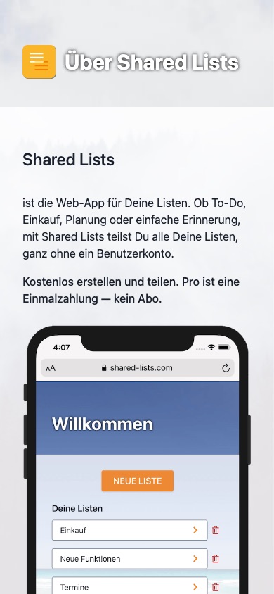 Die Infoseite von Shared Lists auf dem Smartphone: kurze Beschreibung, darunter die Startansicht der App mit dem Button „Neue Liste“ und mehreren Listen