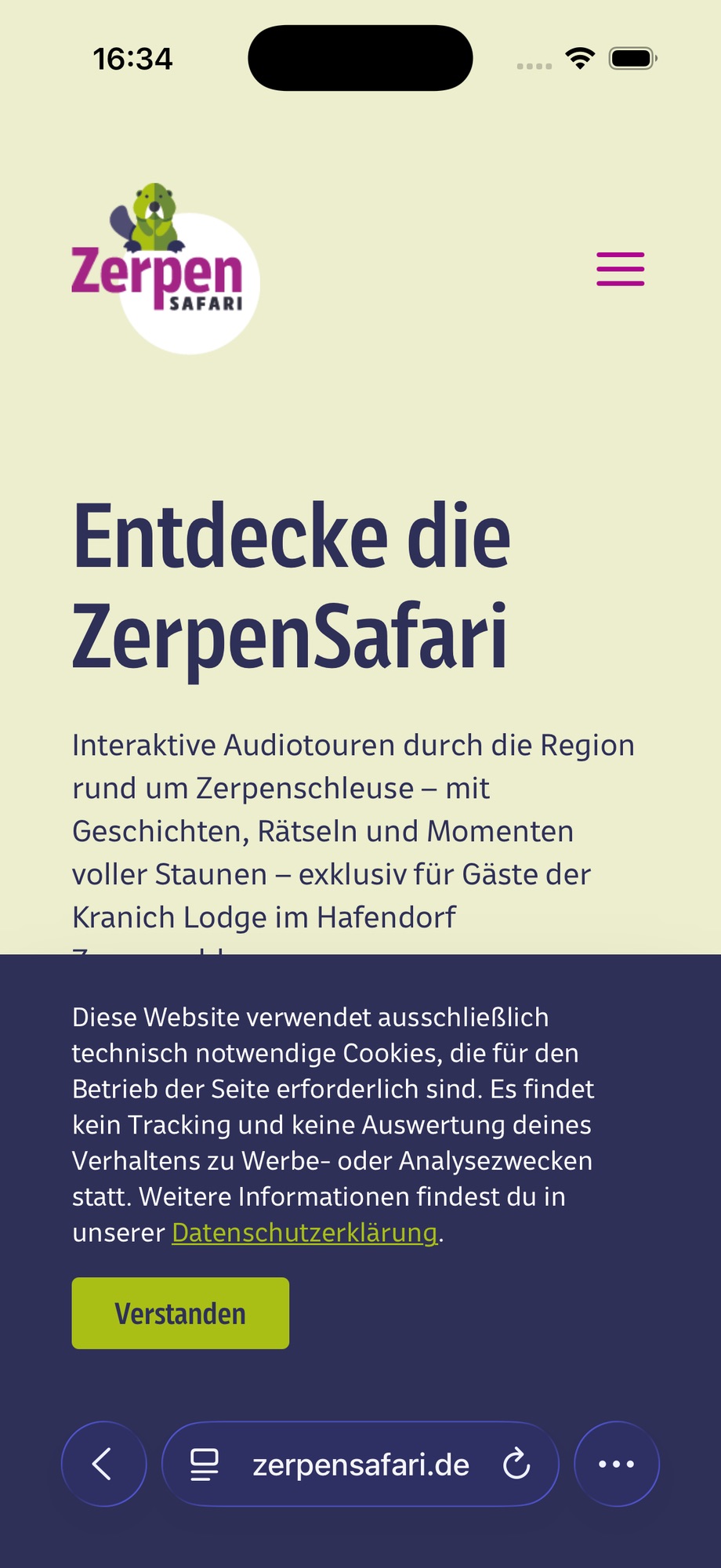 Startseite der ZerpenSafari auf dem iPhone mit dem Hinweis, dass nur technisch notwendige Cookies verwendet werden und kein Tracking stattfindet, einem Link zur Datenschutzerklärung und dem Button „Verstanden“