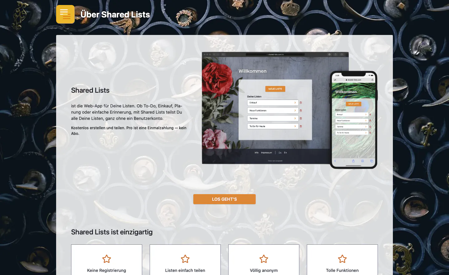 Screenshot of shared-lists.com website